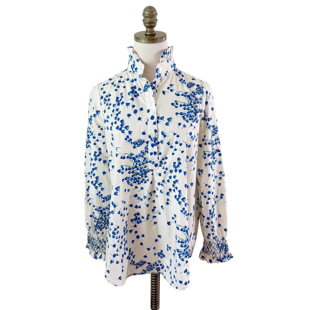 Tuckernuck Cream/Blue Floral Print Blouse Sz S 100% Cotton High Neck Long Sleeve - Picture 8 of 8